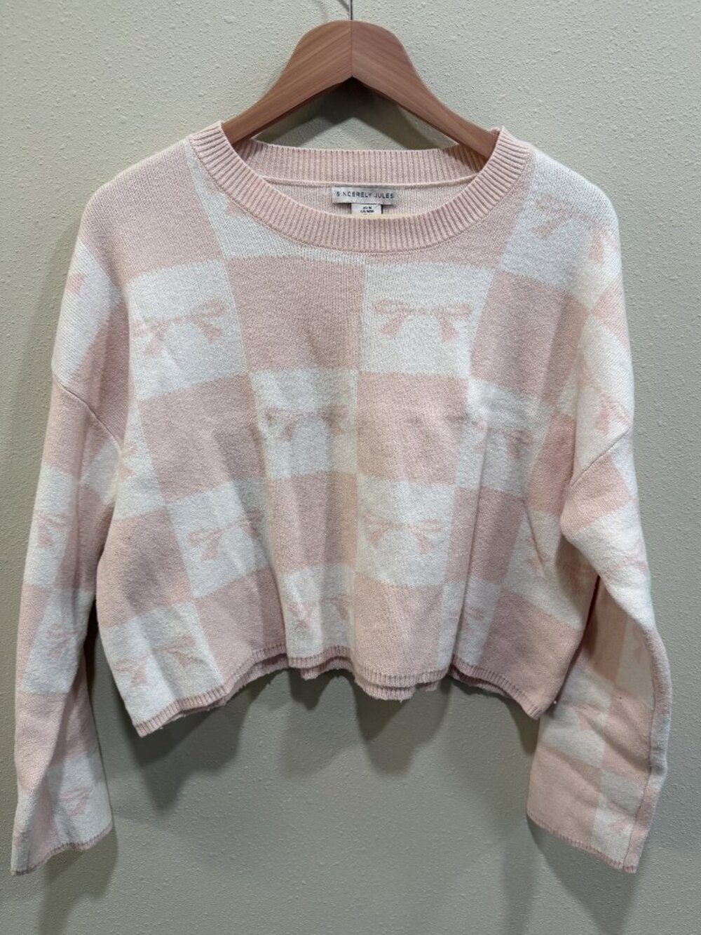 Pink White Checkered Bow Sweater Cropped Size M - Sincerely Jules